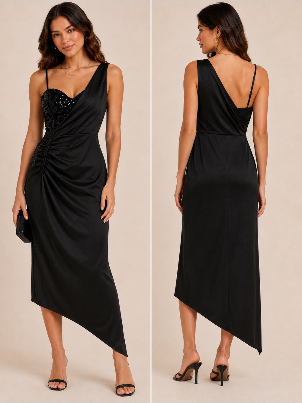 NWOT Black Sequin One Shoulder Ruched Asymmetrical Midi Dress L